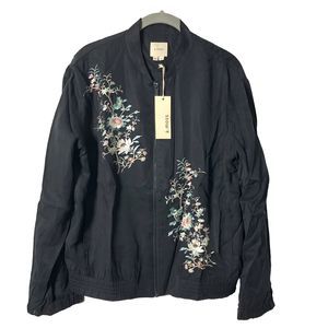 A. Moss Womens Bomber Jacket Black Floral Full Zip Lyocell Blend Embroidered M